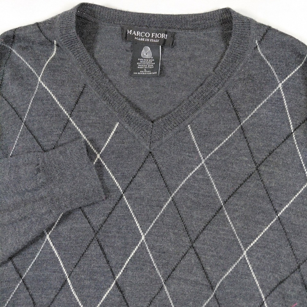 Marco Fiori Mens Large Charcoal Grey‎ Argyle V Neck Merino Wool Sweater